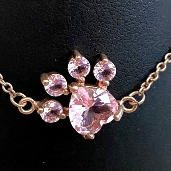 Sterling Silver Rose Gold Pink CZ Dog Animal Heart Paw Print Bracelet - Picture 1 of 5